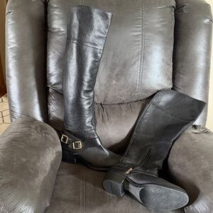 Vince Camuto Black Leather Boots with Gold Crest Logo over the knee